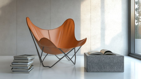 Minimalist interior design of a modern living room with an empty concrete wall and a vintage leather chair near a grey stone coffee table with books on a white floor. --chaos 30 --ar 16:9 --v 6.1 Job ID: f7a0b480-8311-4b4d-b18d-3503f6a56207の素材