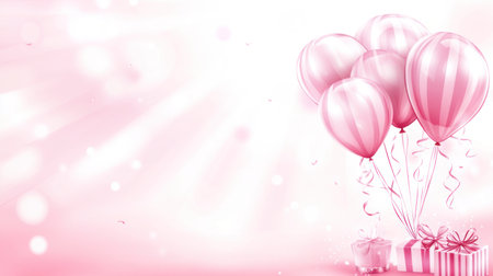 Photo of a pink background with birthday balloons and gifts scattered around, creating an atmosphere for celebration. Web banner with copy space on the right side. --chaos 30 --ar 16:9 --v 6.1 Job ID: c16aad08-cc4d-4ab2-99f4-d16058a58d66の素材