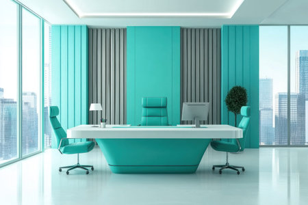 Minimalist office interior with a turquoise and gray color scheme, a white floor and ceiling, wooden slats on the wall behind an elegant desk, modern chairs around it, large windows overlooking a cityscape, and soft lighting creating a cozy atmosphere. --ar 3:2 --v 6.1 Job ID: 94f83c7b-ae15-4904-a0a5-ef9b583304d9の素材