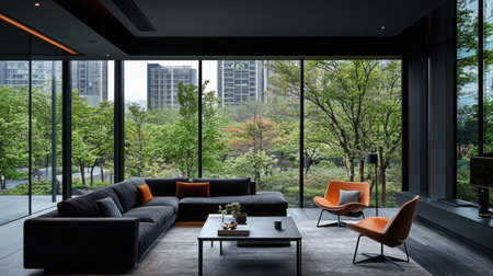 Photographer Chen Man's fashionable photography style features dark gray and light amber, with high-end wood furniture featuring an eames lounge chair in the living room of luxury brand decoration, velvet sofa, metal legs, black leather cushions, floor-to-ceiling windows, green plants, warm color tones, multiple layers, wide-angle shots, clean solid background, rich details, cinematic lighting effects, creating a modern and luxurious atmosphere. --chaos 30 --ar 16:9 --v 6.1 Job ID: 25f6d721-8faf-4ed5-977e-6fcf8ea07a0cの素材