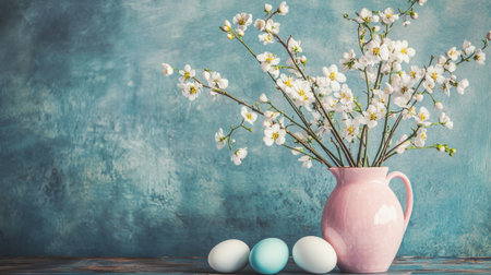 White Easter eggs and a pastel pink vase with white flowers on a table against a grey wall background, with copy space for text. --chaos 30 --ar 16:9 --v 6.1 Job ID: 9c0f4383-8367-43a5-942a-b253ddc1f827の素材