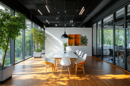 White mock-up wall in a modern office interior with a black ceiling, panoramic windows, and a wooden floor with a white table and chairs near it. --ar 3:2 --v 6.1 Job ID: 7c9ce60a-437e-4fe8-ba3b-dc3ae323f966の素材