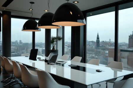 Modern office interior with white chairs, black pendant lamps, and large windows overlooking the city. The table is set up for a meeting or presentation in front of a laptop computer on it. --ar 3:2 --v 6.1 Job ID: 2a8b7b91-3266-4de5-a93b-18cf8c2d92dcの素材