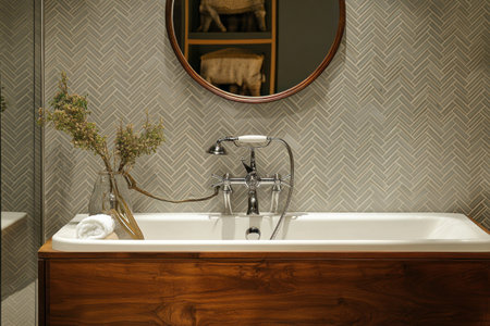 Modern bathroom interior with herringbone tiles, a round mirror, and wooden furniture. A glass screen for the tub or the room. --ar 3:2 --v 6.1 Job ID: f1d26d61-0dd0-41a9-9efa-de6fd76d9020の素材