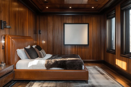 Modern bedroom with wood-paneled walls, a leather bed, and a large, blank picture frame on the wall. --ar 3:2 --v 6.1 Job ID: 1d6d4cfe-c375-4a46-833f-6112a8e4755eの素材