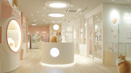White reception desk in the middle of an office, white walls and glass doors on one side, wooden floor, light gray ceiling with circular lights, minimalist interior design style, high-resolution photography. --chaos 30 --ar 16:9 --v 6.1 Job ID: 36253603-6148-4f9e-ba54-9022469f325eの素材