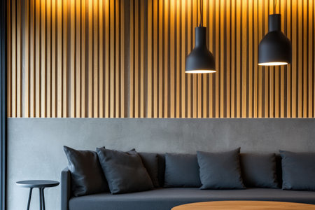 Modern living room interior with a black sofa and coffee table against a gray wall with a wooden slat background. Modern lighting fixtures on the ceiling above a modern pendant light and a round lamp. --ar 3:2 --v 6.1 Job ID: b18f5b69-5456-4f5e-9117-a6db129e34b0の素材
