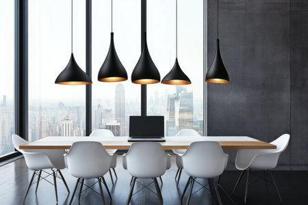Modern office interior with white chairs, black pendant lamps, and large windows overlooking the city. The table is set up for a meeting or presentation in front of a laptop computer on it. --ar 3:2 --v 6.1 Job ID: 2a8b7b91-3266-4de5-a93b-18cf8c2d92dcの素材