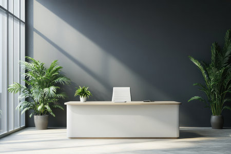 Modern office interior with a gray wall, a white desk, and wooden furniture in front of it, with ample space for text or product presentation mockup. --ar 3:2 --v 6.1 Job ID: a8b6e827-36b7-4cff-8930-e7e7685cc95cの素材