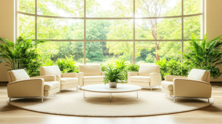 Modern interior design of a waiting area with armchairs and a coffee table, a large window overlooking the garden, beige walls, green plants, a white carpet on the floor, soft light from natural lighting, 3D rendering, high-resolution photography, professional color grading, soft shadows, low contrast, clean sharp focus, focus stacking, depth of field, and exceptional details --chaos 30 --ar 16:9 --v 6.1 Job ID: b73a88f7-2dc2-45cc-aa8d-308b663d2befの素材