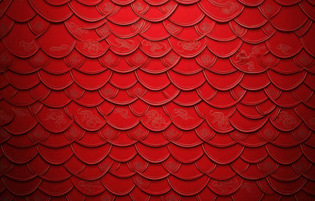 Red background, Chinese-style pattern, simple and flat design, high resolution, high quality, red tone, traditional texture, symmetrical composition, geometric shapes, light reflection effect. The pattern is made of Chinese dragon scales or waves, symbolizing good luck and prosperity in the Year of the Dragon, in the middle view. --ar 47:30 --v 6.1 Job ID: d93d2750-c663-43ad-8c48-5f24d45aebe6の素材