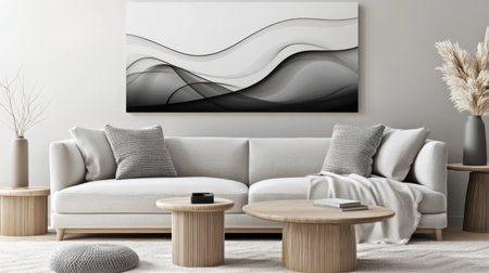 Photo of a blank canvas mockup hanging above an elegant sofa in the living room, surrounded by wooden side tables and soft blankets for decoration inspiration. --chaos 30 --ar 16:9 --v 6.1 Job ID: 5ff42827-709a-4b24-bbcd-df17c4ffc058の素材