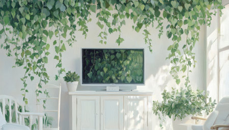 White living room with green plants and a TV, white furniture and hanging vines, white walls, a white cabinet for the TV on the wall, and a green potted plant in the corner of the home interior design. --ar 53:30 --v 6.1 Job ID: 7f25cf7d-508c-471a-a054-92ae56da80d1の素材
