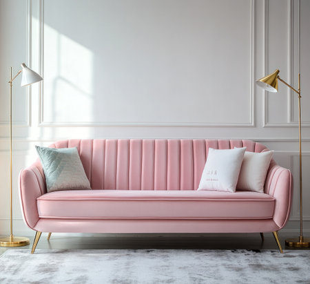 Photographer Chen Man's fashionable photography style features a European classical pink velvet three-seater sofa, brass legs, straight armrests, and back cushions, with a golden floor lamp next to it. In the living room, full of light, luxury, and modern elements, there is a dawn shining from behind. The clean background exudes an elegant atmosphere. This photo has a high-definition texture, soft colors, and bright lighting. --ar 11:10 --v 6.1 Job ID: 6057079a-1648-441f-9d62-821bfabb0a59の素材