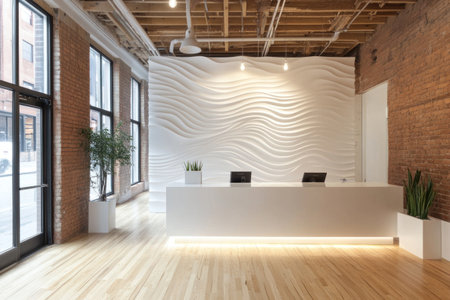Modern office interior with a white reception desk, wood flooring, and wall panels. --ar 3:2 --v 6.1 Job ID: 6a393d8a-a4c7-4fac-9675-bdbb9e790c8eの素材