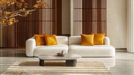 Modern living room interior with a white sofa and yellow pillows against a wall, mock-up copy space, an empty blank area for text, stock photo. Two-thirds of the space is available to place the product on top of the table. The walls are white, and there is a wooden screen, a minimalist design, bright lighting, and a golden ratio composition. The image is photorealistic and hyper-realistic, shot using a Canon EOS R5 camera. --chaos 30 --ar 16:9 --v 6.1 Job ID: 2093d0aa-0b8a-4f38-818d-e1fda9f9980fの素材