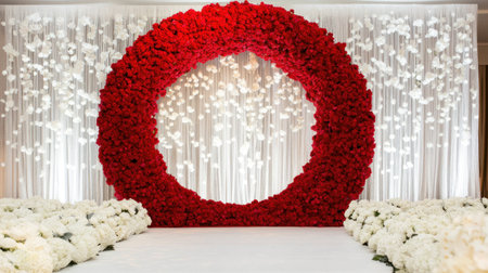 Red and white flowers, a circular arch with a gauze curtain backdrop, set for a wedding photoshoot, in an indoor setting with soft lighting. A floral arrangement adorns the wall, and the floor is white. --chaos 30 --ar 16:9 --v 6.1 Job ID: 81b7abeb-698e-41d9-9ba7-11b5f983bf5eの素材