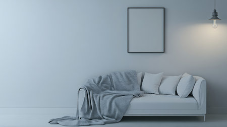 Minimalist living room with white sofa and blank picture frame mockup on the wall, high-definition image captured by a Canon EOS camera. --chaos 30 --ar 16:9 --v 6.1 Job ID: 20d8ecd4-d42a-40eb-b870-5c26f79c4141の素材