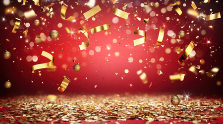 Red background, blurred lights, and stars in the foreground, with golden confetti falling from above. The background is a red gradient that creates an atmosphere of celebration for Christmas or other festive events. --chaos 30 --ar 16:9 --v 6.1 Job ID: d5b9aa60-affe-4b9a-80f7-1809b746dfcdの素材