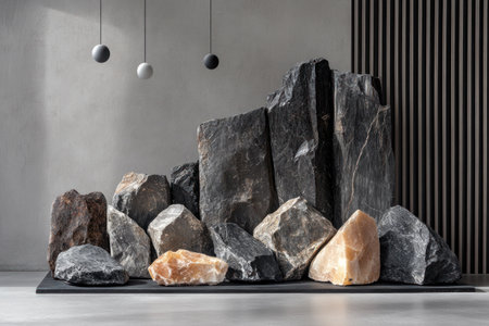 Modern living room interior with a black sofa and coffee table against a gray wall with wooden slats, and round pendant lights above the space. Minimalist home design concept for contemporary apartment decor. --ar 3:2 --v 6.1 Job ID: c3ea970b-7edf-4328-aef3-931c513cd982の素材