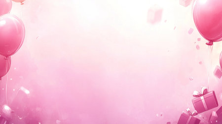 Photo of a pink background with birthday balloons and gifts scattered around, with empty space in the middle for text. Web banner with copy space on the right. --chaos 30 --ar 16:9 --v 6.1 Job ID: facb5833-a895-4d77-8de3-a29b044d5d2dの素材