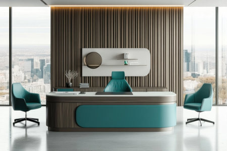 Minimalist office interior with a turquoise and gray color scheme, a white floor and ceiling, wooden slats on the wall behind an elegant desk, modern chairs around it, large windows overlooking a cityscape, and soft lighting creating a cozy atmosphere. --ar 3:2 --v 6.1 Job ID: 94f83c7b-ae15-4904-a0a5-ef9b583304d9の素材