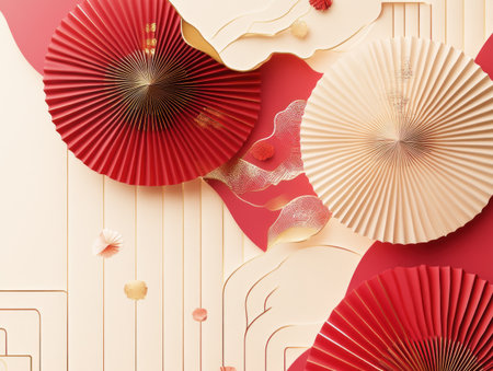 Red background, red and gold paper fans on the top of the screen, Chinese New Year atmosphere, simple background, flat illustration style, high resolution, and high-definition image quality. The color is mainly light beige with a little golden decoration, and there may be some details such as geometric shapes or lines in the overall design. It has an elegant feel, adding to its festive mood in the style of Chinese art. --ar 4:3 --v 6.1 Job ID: 701d3cfa-432e-4ce3-9823-30ce54235b9cの素材