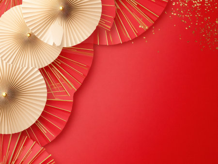 Red background, Chinese New Year decorations with paper fans in the upper left corner of the picture, golden lines on red and beige color blocks, minimalist style, flat illustration, Chinese New Year atmosphere, no shadows, high resolution, high detail, high quality. --ar 4:3 --v 6.1 Job ID: d18ccd3b-5d4e-4e49-b88c-990c4b27fba7の素材