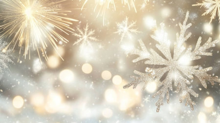 New Year's Eve, a fireworks-filled background with a silver and gold color tone. Snowflakes fall gently in the sky, as fireworks explode in dazzling effects. The details are blurred, creating a dreamy, sparkling atmosphere with festive colors. --chaos 30 --ar 16:9 --v 6.1 Job ID: c7a95200-2137-4a5c-86a4-e294455ba30aの素材