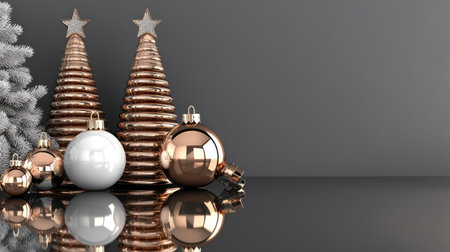 Minimalist modern geometric composition with rose gold and white glass ball, metallic copper cone on a glossy surface, dark grey wall background, elegant Christmas decoration, high resolution, highly detailed. --chaos 30 --ar 16:9 --v 6.1 Job ID: 76b2f001-2ed0-4629-9d62-4ea8c040d7d5の素材