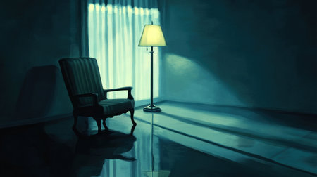 Minimalist interior design with an armchair and floor lamp on a dark blue background. --chaos 30 --ar 16:9 --v 6.1 Job ID: 4b689b67-623b-4424-b4ee-ebe487456e9cの素材