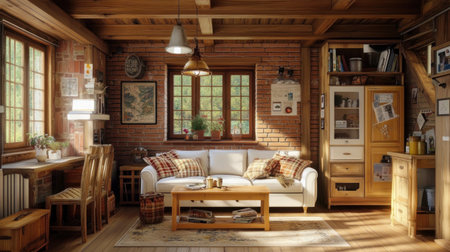 Modern farmhouse living room with a white couch, rustic wooden furniture, and brick walls, with windows for natural light, creating a cozy atmosphere and wooden flooring. --chaos 30 --ar 16:9 --v 6.1 Job ID: 7a642caa-66ba-4c6f-9a92-cf00a41e36ffの素材
