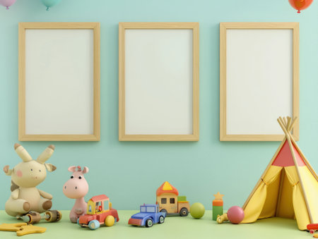 Photo of three blank wooden frames on the wall in a children's room, with colorful toys and pastel blue walls. The space is adorned with plush animals, balloons, and an indoor tent for playing. A mock-up frame is placed against the light green wall, ready to be used as decor or art display. The style should convey warmth and playfulness, suitable for creating charming kid-friendly designs. --ar 4:3 --v 6.1 Job ID: b31bf481-e321-49ba-9756-79fabfec9f50の素材