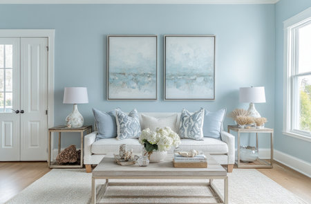 Photo of a living room with light blue walls and two blank wall frames, with a sofa, coffee table, side tables, lamps, pampas grass, throw pillows, decorative items, and a white door on the left side. --ar 23:15 --v 6.1 Job ID: ccb70b91-55a4-4617-9ec1-f51f0c7402e9の素材
