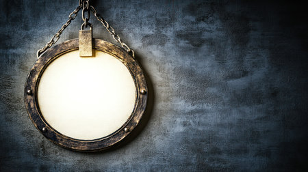 Photo of a blank, round hanging sign on an outdoor cafe wall, with white lighting. Web banner with copy space on the right. --chaos 30 --ar 16:9 --v 6.1 Job ID: 55ef3459-0d91-41a5-b1b5-166e166c8000の素材