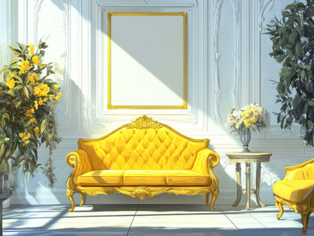 Photo of a yellow sofa and armchair in front of white paneled walls with an empty poster mockup on the wall, creating a cozy home interior design. Web banner with copyspace place for text or logo on the right side. --ar 4:3 --v 6.1 Job ID: 302293dc-f452-4f77-99bd-a61f893be921の素材