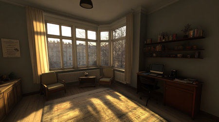 Modern office interior with gray concrete walls, wooden flooring, and large windows. The room features two chairs in neutral tones, an elegant desk with a white computer monitor and a black chair, and shelves filled with decorative items. A modern coffee table sits near the window on one side of the space. --chaos 30 --ar 16:9 --v 6.1 Job ID: 07584e3c-aadf-4377-9d78-f88bebe44ccaの素材