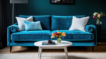 Modern interior design of a living room with a blue sofa and a white wooden table on a dark teal wall background, with space for an advertising banner, a mock-up concept, in the style of [Artist name]. --chaos 30 --ar 16:9 --v 6.1 Job ID: 6d2562a1-e61c-4d90-aea3-78722a5da901の素材