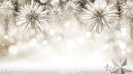 New Year's fireworks background, silver and white color scheme, fireworks blooming in the sky, sparkling stars scattered on both sides of the screen, silver light effects in the bottom right corner, sparkling sparkles flying all over the sky, creating an atmosphere full of celebration, commercial photography, high resolution, high detail, super quality, high definition. --chaos 30 --ar 16:9 --v 6.1 Job ID: 3702acaf-5231-4389-98a9-94c106ed7257の素材