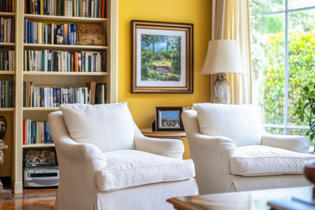 Photo of a yellow living room with white armchairs and bookshelves, featuring an empty frame on the wall mockup. The scene is illuminated by natural light from large windows, creating a bright atmosphere. There's also some furniture in neutral tones like beige or grey to complement the color scheme. --ar 3:2 --v 6.1 Job ID: 1b9fa2e2-91f2-4a97-a174-06419aadd8cdの素材