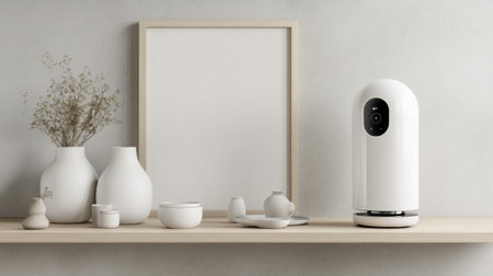 Minimalist modern interior design of a living room with a blank wooden frame on the wall, and white vases, lamps, decorations, and furniture on a light beige-colored wood cabinet shelf. Close-up front view. --chaos 30 --ar 16:9 --v 6.1 Job ID: 11274471-e341-49ad-ac11-9f766c778094の素材