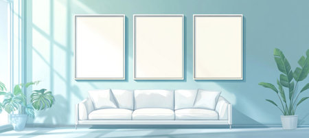 Modern living room interior with three blank wall frames on a light blue and white color background, a minimalistic home design mockup template for artwork or a poster, a white sofa, and decorative elements, with a natural light effect in the style of realistic photography. --ar 67:30 --v 6.1 Job ID: 846e4b54-ed42-4a21-8048-c66b09b66240の素材