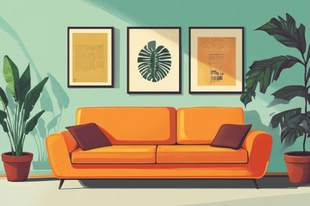 Photo of a retro living room with an orange sofa, framed posters on the wall, and potted plants. Web banner with copy space on the right. --ar 3:2 --v 6.1 Job ID: 2f65eee5-312b-4645-be36-06829dbe7e5dの素材