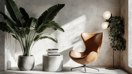 Modern interior, empty wall, white and gray background, brown leather chair, and concrete coffee table with books on it. Minimalist style, 3D rendering, close-up view, front view, side angle view, soft lighting, minimalist decor, simple design, no decoration, high resolution, high quality, high detail. --chaos 30 --ar 16:9 --v 6.1 Job ID: 31516d51-f33e-40fb-9226-ebbb6e490041の素材