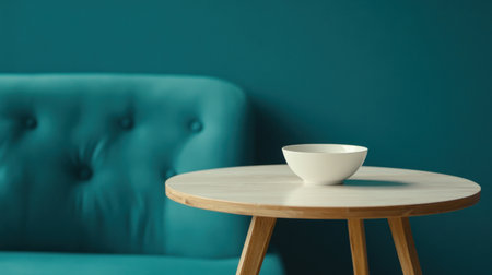 Minimalist interior design with a blue sofa and a white wooden table against a dark teal wall background. Simple home decor, a mock-up for a modern living room. A wide banner with copy space. --chaos 30 --ar 16:9 --v 6.1 Job ID: d04105ff-6a20-43ce-a500-0ec6f2d2e1a4の素材