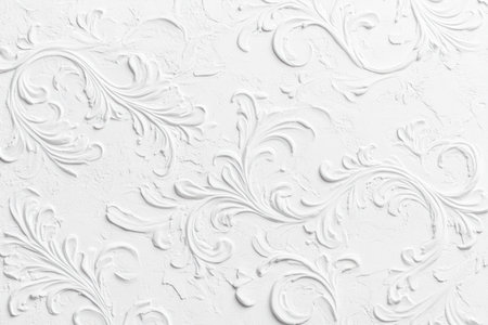 White painted stucco wall background with a rough texture, painted with smooth and intricate brush strokes. The background features soft curves in an elegant pattern, creating a seamless design for text or graphic elements. This texture is suitable as the base of your project to add depth, contrast, and visual appeal, perfect for adding color and detail. --ar 3:2 --v 6.1 Job ID: 9da08a34-58d9-45fa-beb5-1b75dfe1d667の素材