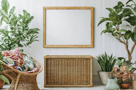 A large rattan storage chest sits in the center of an empty room, surrounded by vintage decor and plants. A wooden-framed blank poster hangs on one wall. The interior has white wainscoted walls with soft lighting. In front is a comfortable woven armchair decorated with colorful throw pillows. On each side stand small potted plants to add life to the space. --ar 3:2 --v 6.1 Job ID: 76fd6856-1bcf-4a3b-bc22-363f25749078の素材