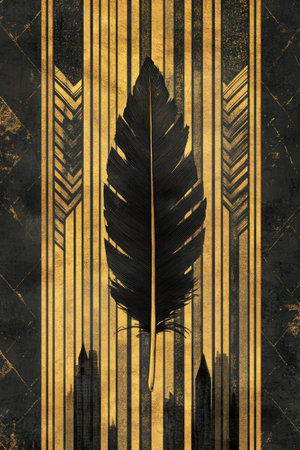 A black and gold herringbone pattern with an arabesque tile background. A black feather is in the center of the design, with yellow outlines on top. Golden stripes run throughout the composition. In each corner, there is an illustration of three small skyscrapers. The overall look is textured and layered, with a paper-like texture. --ar 2:3 --v 6.1 Job ID: 23449507-eaad-433f-9dce-8c28206cb792の素材