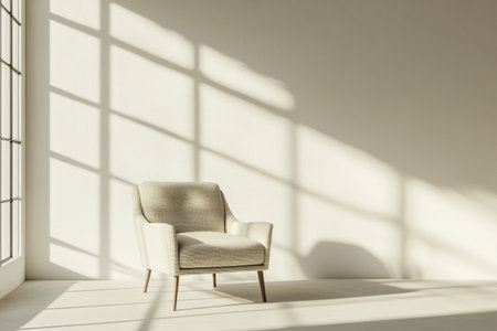 A beige armchair stands in the center of an empty room, against light walls with sun rays and shadows, minimalist interior design style, high resolution, high quality, high detail, photorealistic, hyperrealistic, cinematic shot, photography, product photo for magazine advertisement, award-winning advertising photography. --ar 3:2 --v 6.1 Job ID: d3a36dd0-d741-4454-baa0-4a34aabff85eの素材