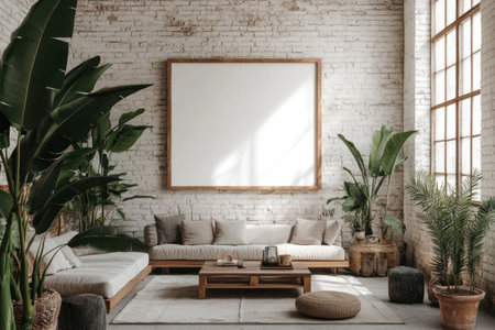 A large blank frame is hanging on the wall of an industrial-style living room with white brick walls, wooden furniture, and plants. The picture frames have no text or images inside them. There's natural light coming in through the windows. In front, there's a sofa and coffee table with cushions. It has an urban, bohemian-style interior design. High-resolution photography. Photorealistic rendering. --ar 3:2 --v 6.1 Job ID: ee7b0d3f-faa9-461f-ae9b-4e6627dd038cの素材
